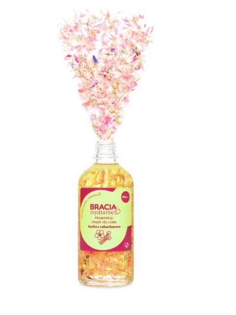 Aksamitny olejek do ciała Azalia z rabarbarem 100 ml, płatki bławatka – Bracia Mydlarze, Aksamitny olejek do ciała Azalia z rabarbarem 100 ml, płatki bławatka – Bracia Mydlarze,