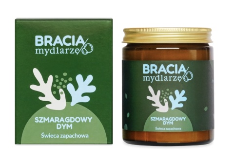 Świeca sojowa Szmaragdowy dym 180 ml, produkt i kartonik