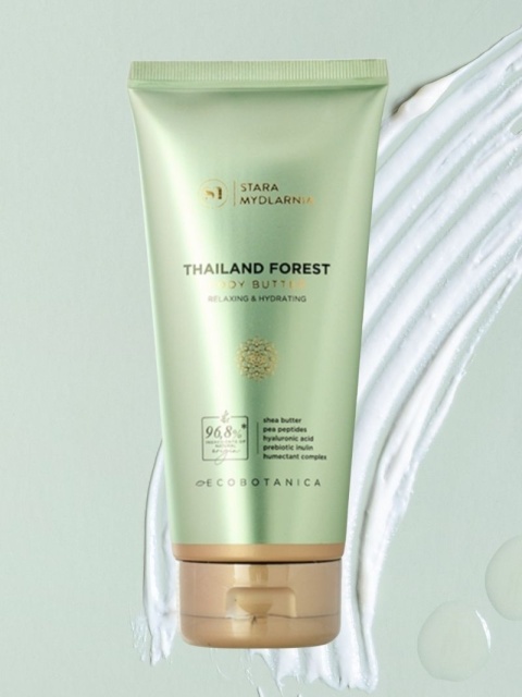 Masło do ciała Thailand Forest 170 ml – Stara Mydlarnia, pistacjowe tło z prezentacją masełka