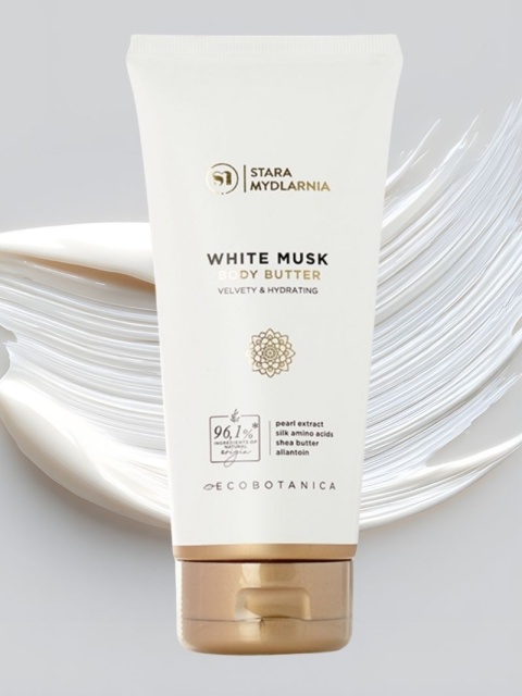 Masło do ciała White Musk 170 ml – Stara Mydlarnia, w tle preentacja masłą do ciałą