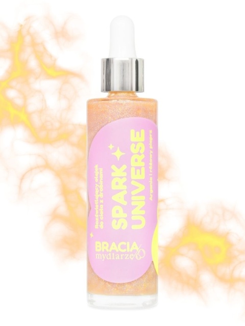 SPARK UNIVERSE – rozświetlający olejek do ciała z drobinami 50 ml – Bracia Mydlarze,  tło z efektem glow