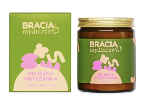 Świeca sojowa Gruszka paryżanka 180 ml – Bracia Mydlarze, produkt i kartonik