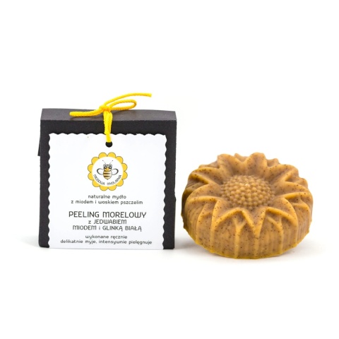 Mydło naturalne Peeling morelowy  85 g – Miodowa Mydlarnia, produkt i kartonik