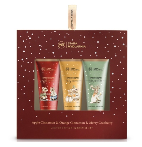 Zestaw prezentowy Apple cinnamon & Orange Cinnamon & Merry Cranberry, kremy do rąk 3x30 ml – Stara Mydlarnia, kartonik