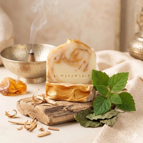 Designerskie ręcznie robione mydło o orientalnym zapachu drzewa sandałowego i paczuli Sandalwood & Patchouli 100 g – aramżacja