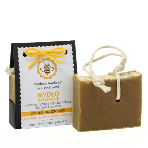 Mydło naturalne Trawa Cytrynowa z glinką zieloną, spiruliną i miodem 100 g – produkt i kartonik