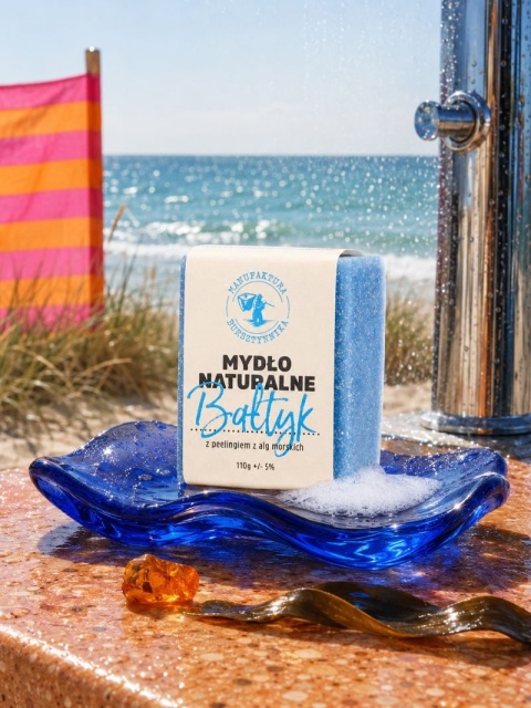 Mydło peelingujące Bałtykl 110 gc– Manufaktura Bursztynnika, aranzacja na plaży